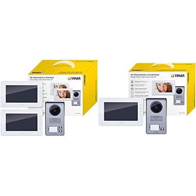 VIMAR K40911 Kit Videocitofono Bifamiliare con Alimentatori Multispina, Bianco/Grigio & K40910 Kit Videocitofono Monofamiliare da Parete, Grigio la Targa e Bianco Il Monitor