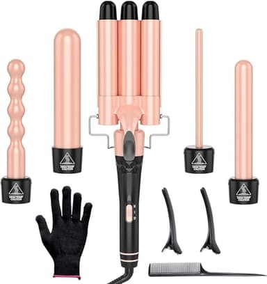 OBVHNUA Ferro Arricciacapelli 5 in 1 Piastra Capelli Onde Beach Waves, Arricciacapelli 3 Tubi, Riscaldamento Rapido PTC, 9-32 mm 5 Intercambiabili Arricciacapelli e 2 Regolazioni della Temperatura
