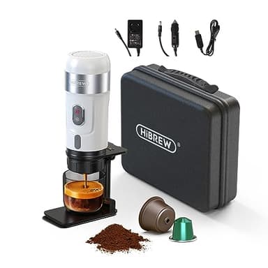 HiBREW H4A macchina da caffè espresso portatile, caffettiera da viaggio, 3 in 1 caffettiera a capsule compatibile con Nes* OriginalLine, DG* e caffè macinato, macchina caffè 12V, con borsa e supporto