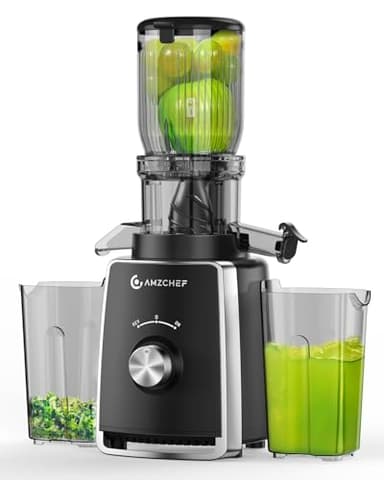 AMZCHEF Estrattore con 2 Filtri Brevettati ANTI-intasamento per Frutta e Verdura Morbida e Dura con Elevata Resa in Succo - Estrattore Frutta e Verdura con Apertura 103 mm per Frutta Intera - Nero