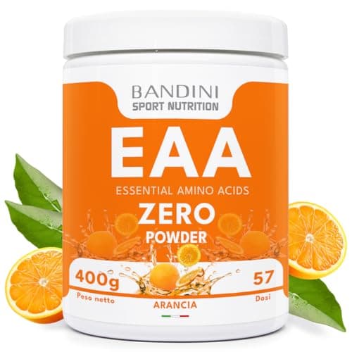 Bandini® EAA Essential AMINO in polvere - 400 g powder - Con 9 Amminoacidi Essenziali Fermentati e Ramificati BCAA 2:1:1 - Recupero Muscolare - Intra Pre Post Workout - 100% Vegan - Gusto Arancia