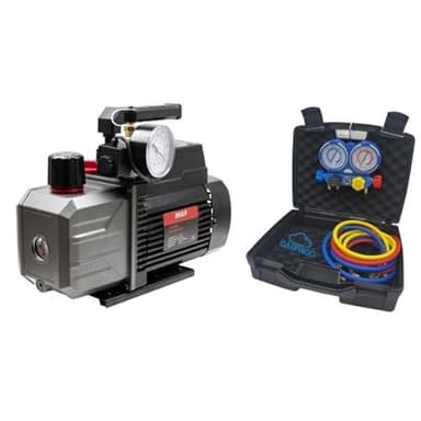 GASFRIGO® - Pompa vuoto bistadio 56 lt/min per condizionatori Olio incluso + kit gruppo manometrico R410 R32 ecc.