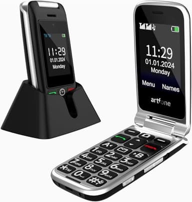 artfone C10 Telefono Cellulare per Anziani丨GSM Flip Telefoni Cellulari con Tasti Grandi丨2.4"+1.77" Doppia Display丨Funzione SOS丨Doppia SIM丨Chiamata Rapida丨Batteria da 1300 mAh丨Base di Ricarica - Nero
