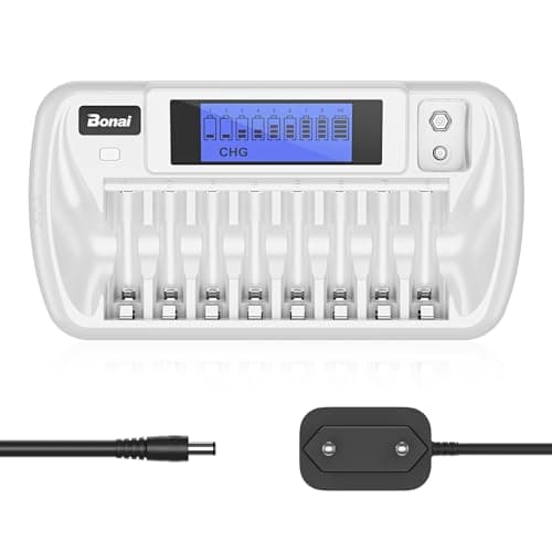 BONAI 9 Slot Caricabatterie per Ricaricabili Stilo AA/Ministilo AAA/9V Batterie Ni-MH Ni-Cd con LCD Display