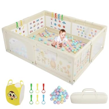 Box Bambini, Recinto per Bambini Extra Grande 200x160 cm Box Neonato con Morbida Rete Traspirante, Inclusi 50 Palline, 6 Maniglie, 1 Cesto Porta Palline-Beige