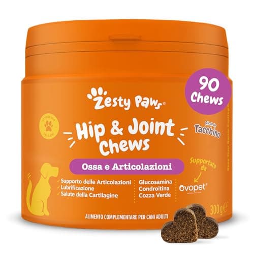 Zesty Paws Hip & Joint | articolazioni cane | glucosamina per cani | Integratori per Cani | Alimento Complementare per cani Adulti | Gusto Tacchino | 90 Pezzi
