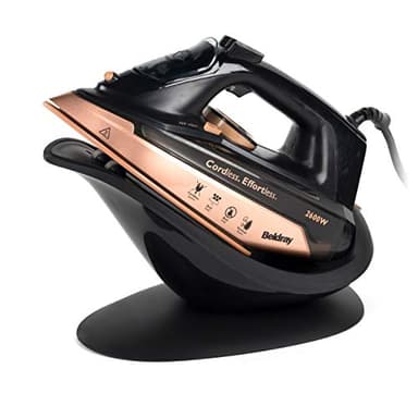 Beldray Ferro da stiro a vapore portatile 2 in 1 - Grande stazione a vapore senza fili, piastra in ceramica, serbatoio dell'acqua da 300 ml, uso con cavo/senza fili, 2600 W, BEL0747NRGFVDE
