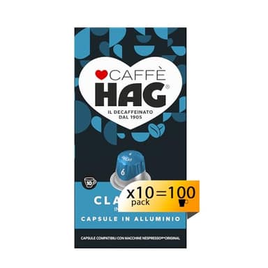 Hag - Capsule Caffè Decaffeinato Espresso Classico - 100 capsule in alluminio - Intensità 6 - Compatibili con Macchine Nespresso®* original - 10 pacchetti da 10 capsule (totale 100 capsule)