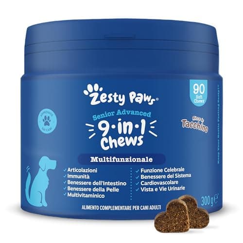 Zesty Paws Multivitaminici 9 in 1 | Integratore per Cani | Vitamine per Cani con Glucosammina e Condroitina | Alimento Complementare per Cani Anziani di Tutte Le Taglie | Gusto Tacchino | 90 Pezzi
