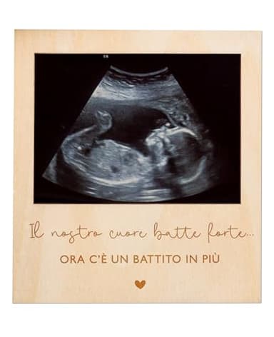Joli Coon Annuncio gravidanza con cornice in legno per la foto dell'ecografia e retro magnetico - Il nostro cuore batte più forte - Cornice per foto dell'ecografia in stile