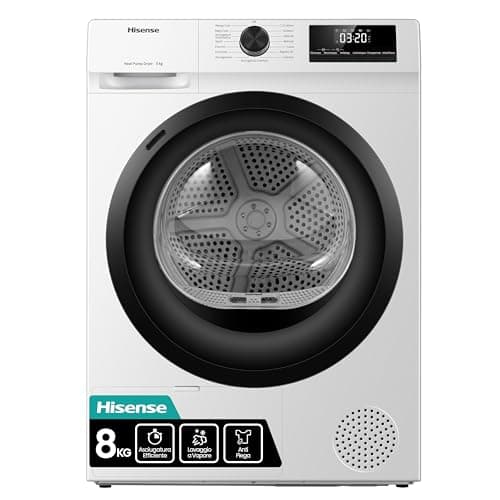 Hisense DHQE800BW2 Asciugatrice A Pompa Di Calore, 8 Kg, A++, Oblò Nero, Big Display, 16 programmi, Refresh