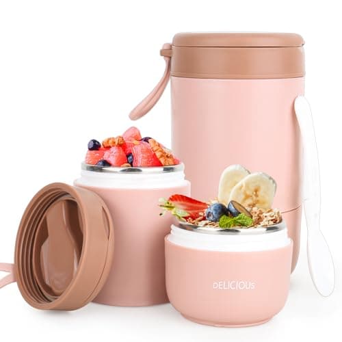 XCRPRT Tazza di Muesli, Tazza da Cereali con Cucchiaio, Tazza per Yogurt in Acciaio Inox, Contenitore Termico a Doppio Strato Yogur, Contenitore Termico per Alimenti, Ermetico e Termoisolante(Rosa)