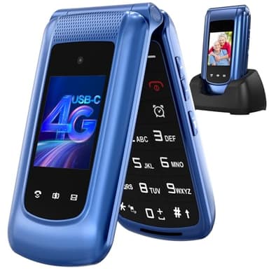 CHAKEYAKE 4G Telefono Cellulare per Anziani,Dual SIM, Flip Telefoni Cellulari con Tasti Grandi, Funzione SOS, Volume alto, 2.4"+1.77" Doppio Display, Torcia, Base (Blu)