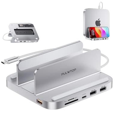 PULWTOP Mac Mini Hub con M.2 PCIe NVMe SSD Enclosure, 8 in 1 Docking Station Verticale con USB A/C 10 Gbps, Mac Mini Dock con SD/TF, M.2 SSD (SSD non incluso), Accessori Mac mini per Mac Mini M2/M1