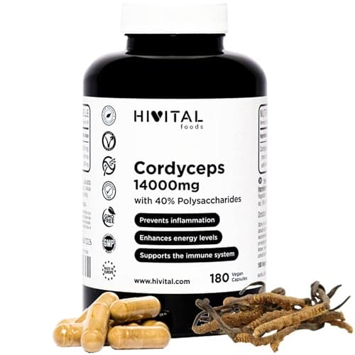 Cordyceps 14000 mg. 180 capsule vegane per 3 mesi. Cordyceps Sinensis CS-4 con 40% di Polisaccaridi. Estratto Naturale di fungo Cordyceps per migliorare l'energia e ridurre stanchezza e affaticamento