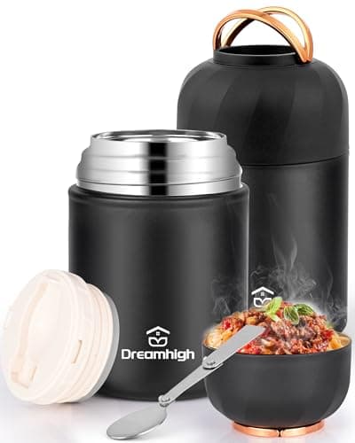 Dreamhigh® Termos per Alimenti 850 ml, Contenitore Termico per Alimenti Caldi con Maniglia, Portavivande Termico Acciaio Inossidabile con Cucchiaio, per Zuppa, Pasta (Nero)