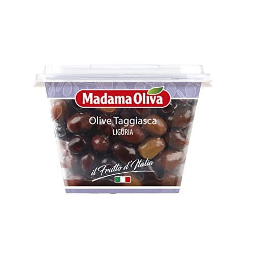 MADAMA OLIVA, Olive Taggiasche, Gusto Fruttato e Aromatico, Ideali da Accompagnare nei Piatti di Carne e Pesce, Senza Conservanti Aggiunti, 100% Made in Italy, 250 gr