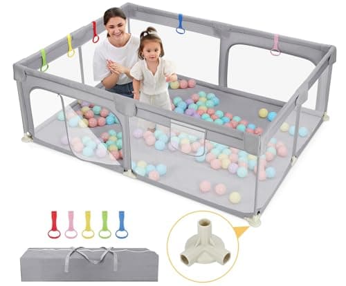 Dripex Box Bambini 150 x 200 cm, Recinto per Bambini, Box Neonato, Recinto Neonato con Rete Traspirante, 300D Oxford tessuto, 5 Pezzi Anelli, Grigio