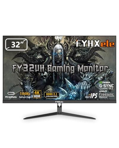 FYHXele 32 Pollici 4K 144Hz Gaming Monitor UHD (3840x2160) Fast IPS 1ms 16:9 PC Monitor 400 cd/m² AMD FreeSync Premium HDR 400 DP1.4 HDMI2.1 USB-C USB Hub 95% DCI-P3 VESA 100 * 100mm