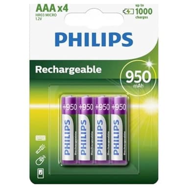 PHILIPS Batterie AAA - Batterie Ricaricabili HR03 - NiMH 1,2V - 1000 Ricariche - 950mAh