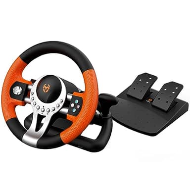 KROM K-Driver Set Volante Multipiattaforma E Pedaliera, Leva Del Cambio E Leve Al Volante, Effetto Vibrazione, Compatibile PC, PS3, PS4 E Xbox, Nero/Arancia