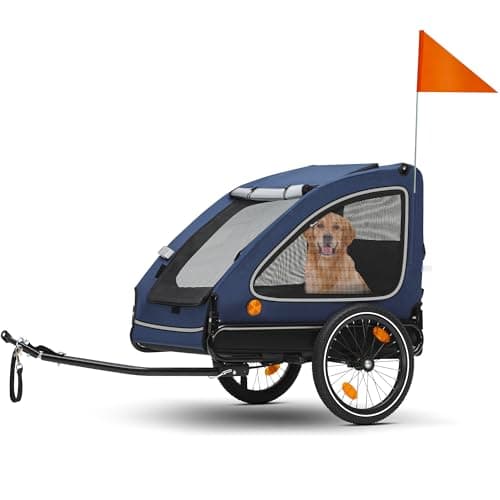 YITAHOME Rimorchio per Cani con 2 Tasche Carrozzina per Cani in Tela Oxford 600D Facile da Montare, Rimorchio per Cani per Bicicletta, Max. 40 kg, Riflettori e guinzaglio di Sicurezza 140x71x83cm, Blu