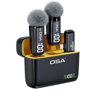 OSA Microfono Wireless da 2 Pezzi per iPhone iPad con Custodia di Ricarica e Trasmettitore Display Digitale, Microfono con Clip su Bavero 40H Wireless per Registrazione Video