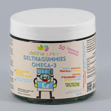 Omega-3 per bambini e ragazzi in gommose vegetali Made in Italy con DHA, EPA e Vitamina D. Gusto Arancio Fragola Limone. No glutine, No lattosio No zuccheri aggiunti
