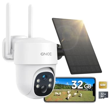 GNCC 4G Telecamera da Esterno senza fili pannello solare con Sim, 2K 360°PTZ Videocamera Sorveglianza Esterno, Visione notturna a colori, Audio bidirezionale, rilevamento del movimento, IP65, GW3