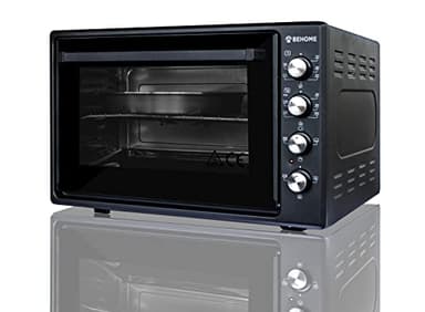 BEHOME Forno Elettrico Ventilato 70 litri con Girarrosto, Autopulente e Smaltato, Temperatura fino a 320° Doppio Vetro con Luce Interna e Timer 1 Girarrosto 2 Teglie e 1 Griglia (Nero)