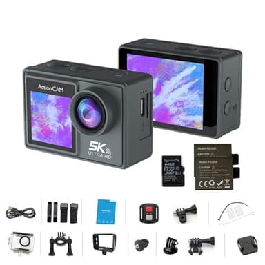 Sansnail Action camera 4K 60FPS 5K 30FPS 24MP WiFi sports camera with dual screen for waterproof underwater camera, EIS 2.0, 170° wide angle, zoom, 2 batteries 64GB Card and accessory kit
