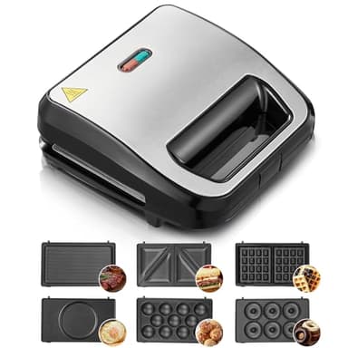 Sandwich Maker 6 in 1, Piastra Rivestita Antiaderente 750W, Produttore di Sandwich, Waffle e Grill con 6 Piastre Removibili, Tostapane per Toast Facile da pulire, Automatico Termostatico
