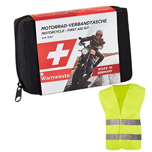 GoLab Set di primo soccorso per moto, piccolo e compatto, borsa a norma DIN 13167 con giubbotto di sicurezza