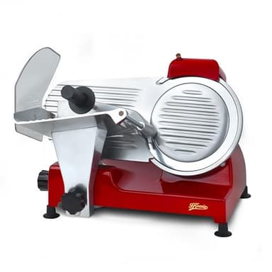 H.Koenig Affettatrice elettrica per salumi MSX224, professionale, precisa, spessore di taglio 0-12 mm, lama italiana 20 cm, affilacoltelli incorporati, ampio vassoio, 282 rpm, rosso