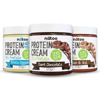 NÄTOO Crema Proteica senza Zucchero 3x250g: Cioccolato Fondente, Bianco e Nocciola - creme proteiche spalmabili ideali per la dieta chetogenica keto diet - Pack composto da 3 gusti differenti