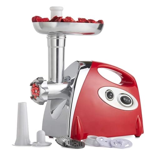 Avilia Tritacarne Passapomodoro Elettrico 1200W Multifunzione in Acciaio - Macinacarne con tre lame in acciaio e 3 dischi per una grana fine - media - grossa, in Omaggio KIT Insaccatrice