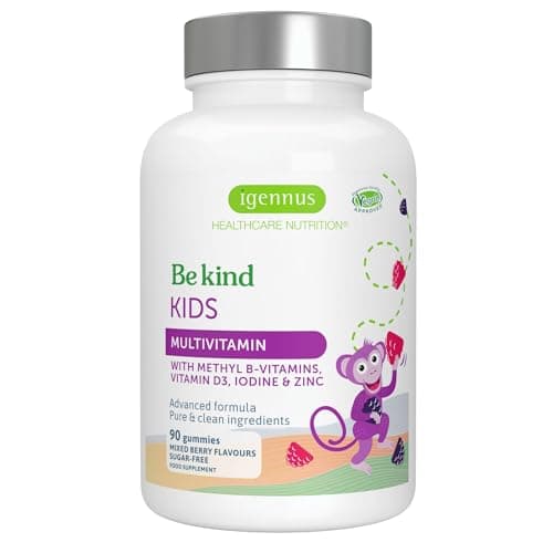 Multivitaminico per bambini, vitamine gommose ad alto assorbimento, vitamine B in forma metilata e vitamina D, prive di zucchero, al gusto frutti di bosco, età 4+, 90 caramelle gommose vegane, Igennus
