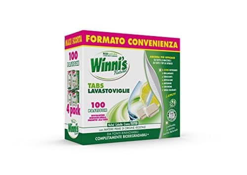 Winni's - Pastiglie per Lavastoviglie, 100 Tabs, Detersivo Multiazione Detergente, Sgrassante, Antiodore e Brillantante, Fragranza di Limone, con Materie Prime di Origine Vegetale, Confezione da 4