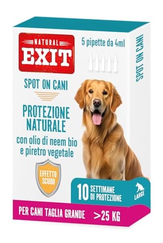 Natural Exit - Spot On Antiparassitario Naturale Per Cani, 5 Pipette Richiudibili Lunga Durata, Protegge Da Parassiti, Zecche, Pulci, Pidocchi (>25 Kg - Taglia Grande)