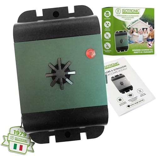 ISOTRONIC Deterrente per uccelli | Repellente a ultrasuoni | Dispositivi per scacciare uccelli, piccioni e gabbiani | Dissuasore alimentato a batteria per balcone, finestre e alberi (1)