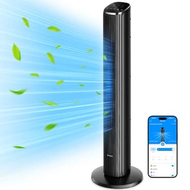 GoveeLife Ventilatore intelligente silenzioso a torre, ventilatori oscillanti a 75° con app e telecomando vocale, velocità 6.3m/s, 8 livelli di velocità, 5 modalità timer da 24 ore, con raffreddamento