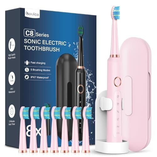 Spazzolino Elettrico Sonico con 8 Testine - Spazzolino Sonico Adulti Ricaricabile, Spazzolino Denti Elettrico con Custodia, 5 Modalità, Spazzolino Da Viaggio Ultrasonico, Rosa Ciliegia