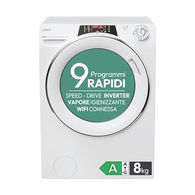 Candy RapidÓ RO 1486DWMCT1-S, Lavatrice a carica frontale, 8 KG, Classe A, 1400 giri, 76 dB, Cicli Rapidi, Vapore, 16 programmi, Bianco, AxLxP 85x60x53 cm