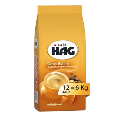 Caffè HAG - Caffè in Grani Decaffeinato per Macchina Espresso o Moka - 12 confezioni da 500 gr (totale 6 Kg)