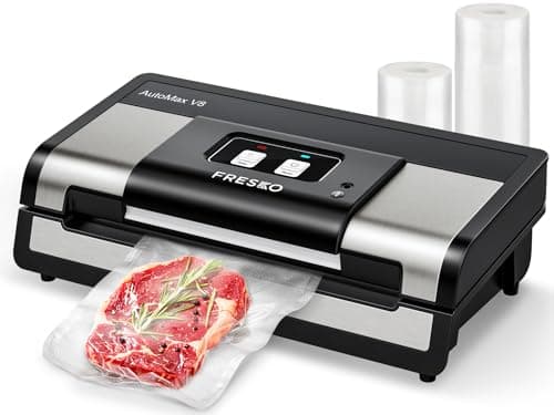 FRESKO Automatica Macchina Sottovuoto Alimenti, 140 Watt, Macchina Sottovuoto a Mani Libere, Rilevamento Secco/Umido, Borsa per 2 Rotoli, Taglierina Incorporata e Custodia per Borsa (AutoMax V8)