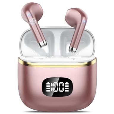 POMUIC Cuffie Bluetooth, Auricolari Bluetooth 5.4 Immersivo HIFl Sound Quality con 4 ENC Mic, Display di Potenza a LED, 40H Riproduzione, Impermeabile IPX7, Auricolari per IOS Android, Rosa chiaro