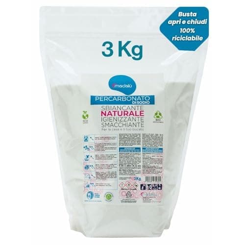 Percarbonato di Sodio per Bucato Puro (3 Kg, 300 Lavaggi) Smacchiatore Bucato ad Azione Sbiancante, Igienizzante Naturale, Antimuffa per Muri Interni, Busta Richiudibile 100% Riciclabile