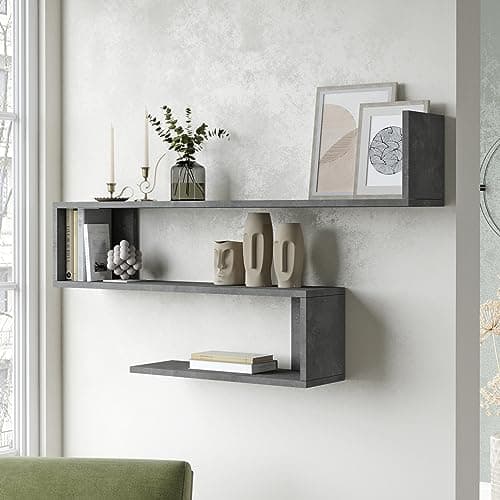 [en.casa] Mensola da Parete a 3 Ripiani (AxLxP) 71,5 x 120 x 14,5 cm Scaffale Pensile a Forma di S Libreria Consolle da Parete - Effetto Cemento