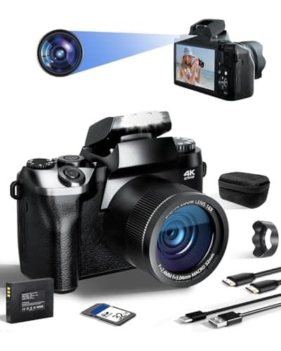 SWE Macchina Fotografica Digitale Fotocamera Compatta Mirrorless Videocamera 4K con 4" Touchscreen, 64MP Digital Camera Selfie con WiFi, 32GB Scheda, Batteria, Borsa (Doppia Lente_Nera)