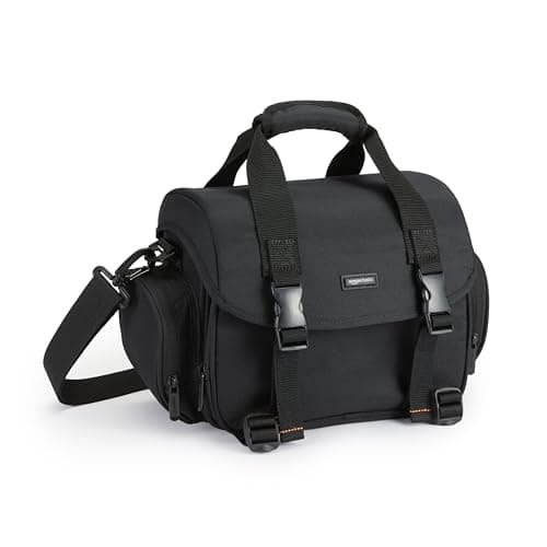 Amazon Basics - Borsa a Tracolla per Fotocamere SLR e Accessori, Grande, Cinghia Regolabile, Impermeabile, Antishock, Tinta unita, Imbottito - Nero/Grigio
